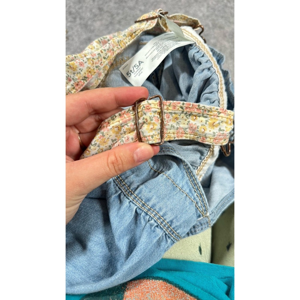 OSHKOSH B'GOSH Girls Denim Dress 5T Floral Straps Pocket Jumper - Picture 6 of 7
